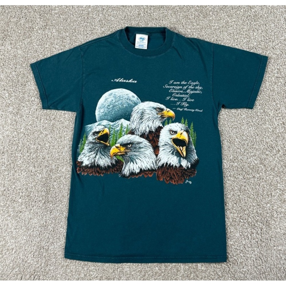 Vintage Bald Eagle T Shirt Adult Medium Blue Short Sleeve Alaska Graphic Tee 90s